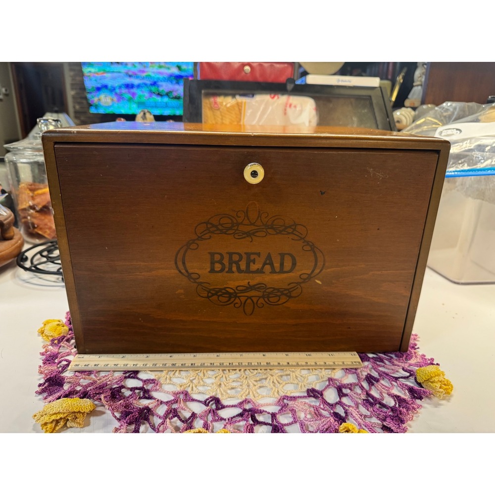 Vintage Wooden Bread Box Farmhouse Kitchen Countertop Storage Brown Scrollwork